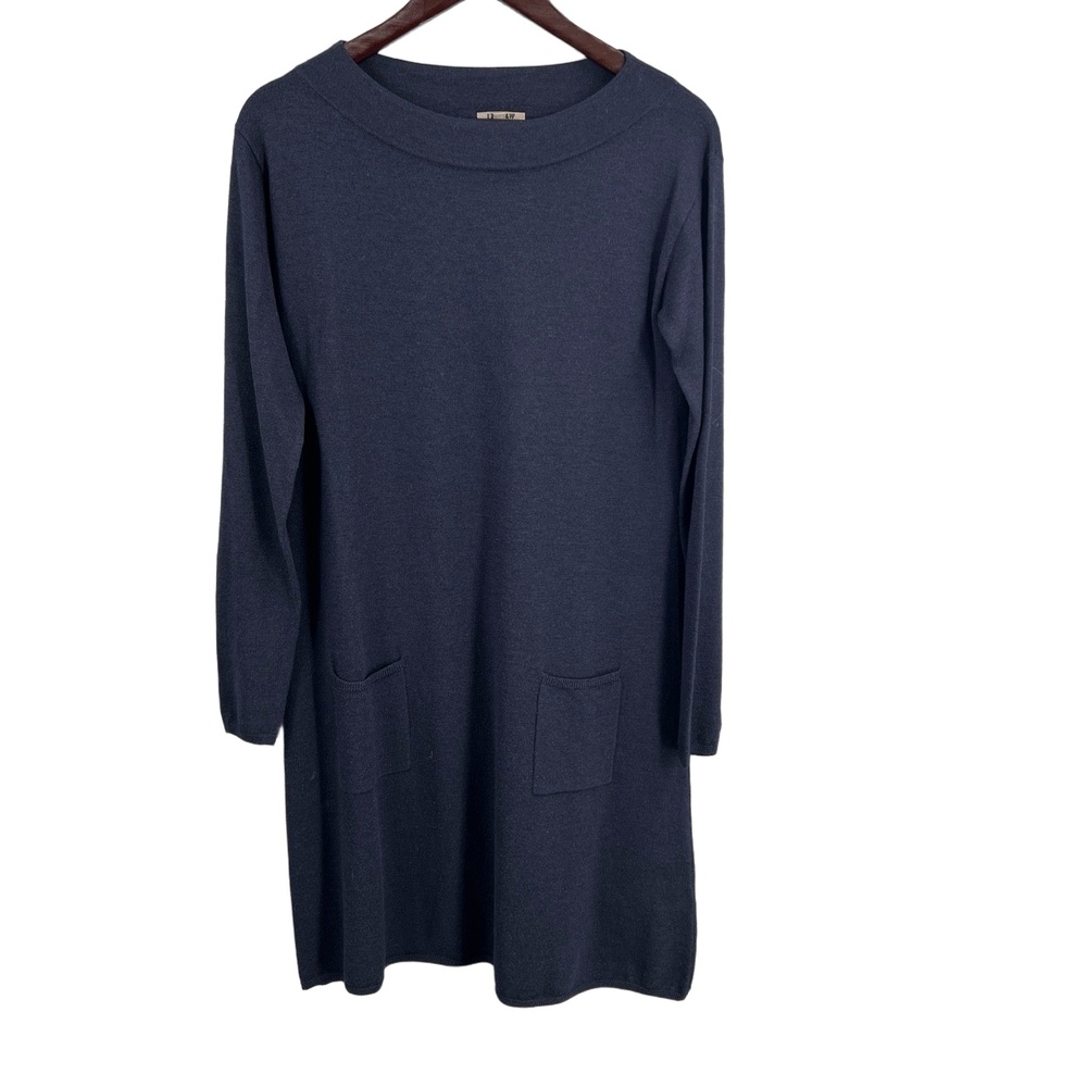 Jigsaw Wool Dress Navy Blue Long Sleeve Crew Neck Front Pockets Medium